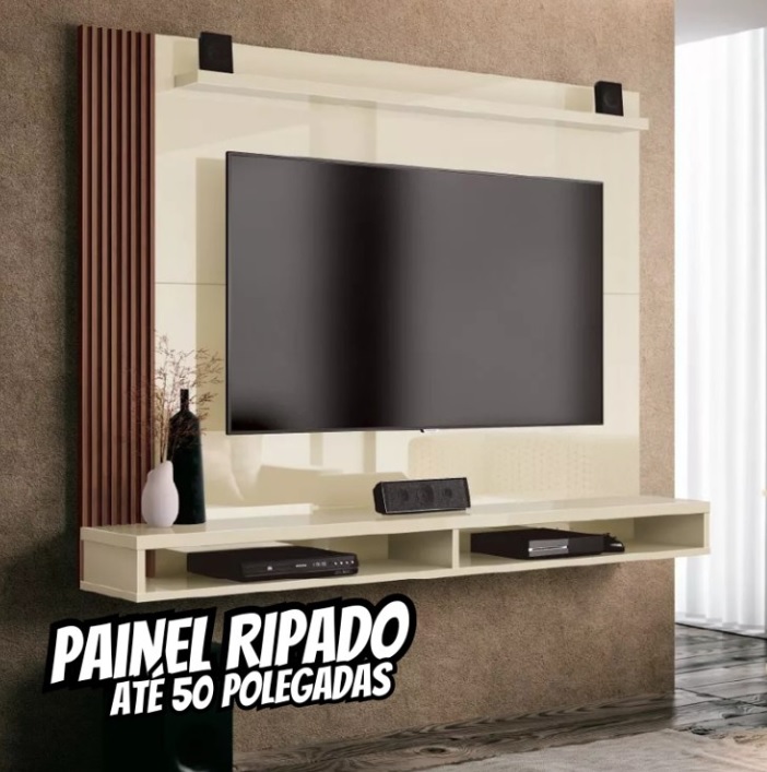 Painel Para TV Até 50 Polegadas Dijon Ripado Com Prateleira Off White / Naturale