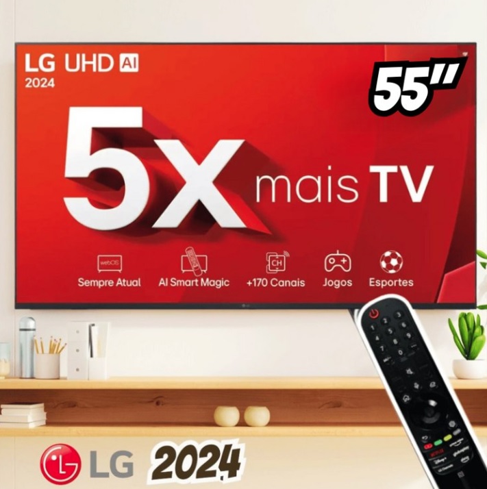 Smart TV LG 55″ 4K Ultra HD 55UT8050PSA Processador a5 Ger7 AI Alexa/Chromecast integrado Otimizador de Jogos webOS 24 com Controle Smart Magic