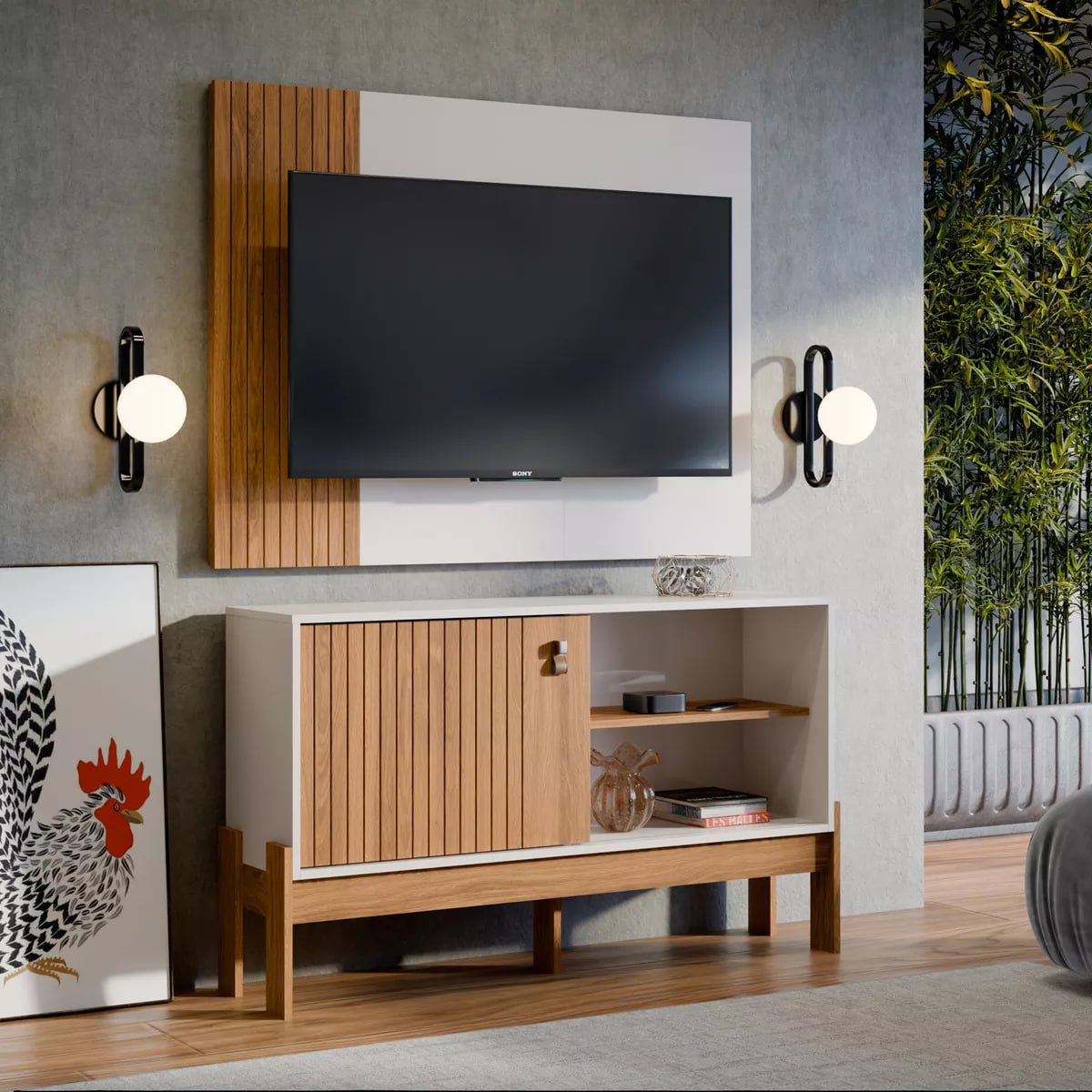 Kit Combo Painel Tv Até 50 Polegadas Suspenso E Rack Com Prateleira Para Sala De Estar Cor Cinamomo Off