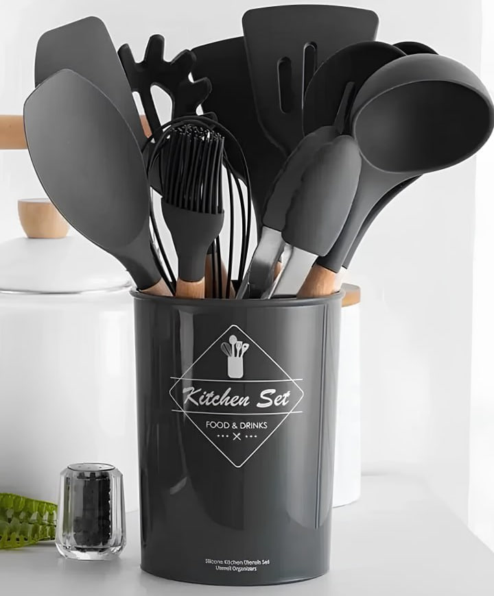 Jogo Kit Com 12 Peças Utensílios De Cozinha Colheres Espatulas Pegador Silicone Copo Suporte – Prime