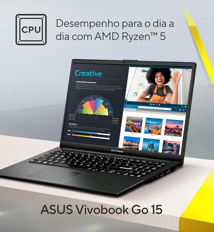 Notebook ASUS VivoBook Go 15, AMD RYZEN 5 7520U, 8GB, 512GB SSD, KeepOS, Tela 15,6″ FHD, Mixed Black – E1504FA-NJ732