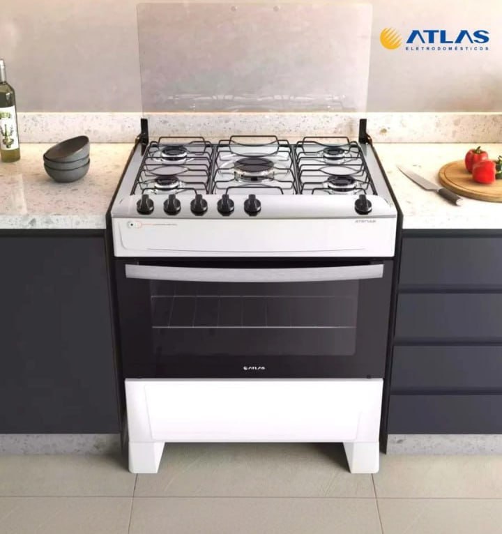 Fogão 5 Bocas Branco Com Mesa Inox Atlas Atenas Bivolt 110V/220V