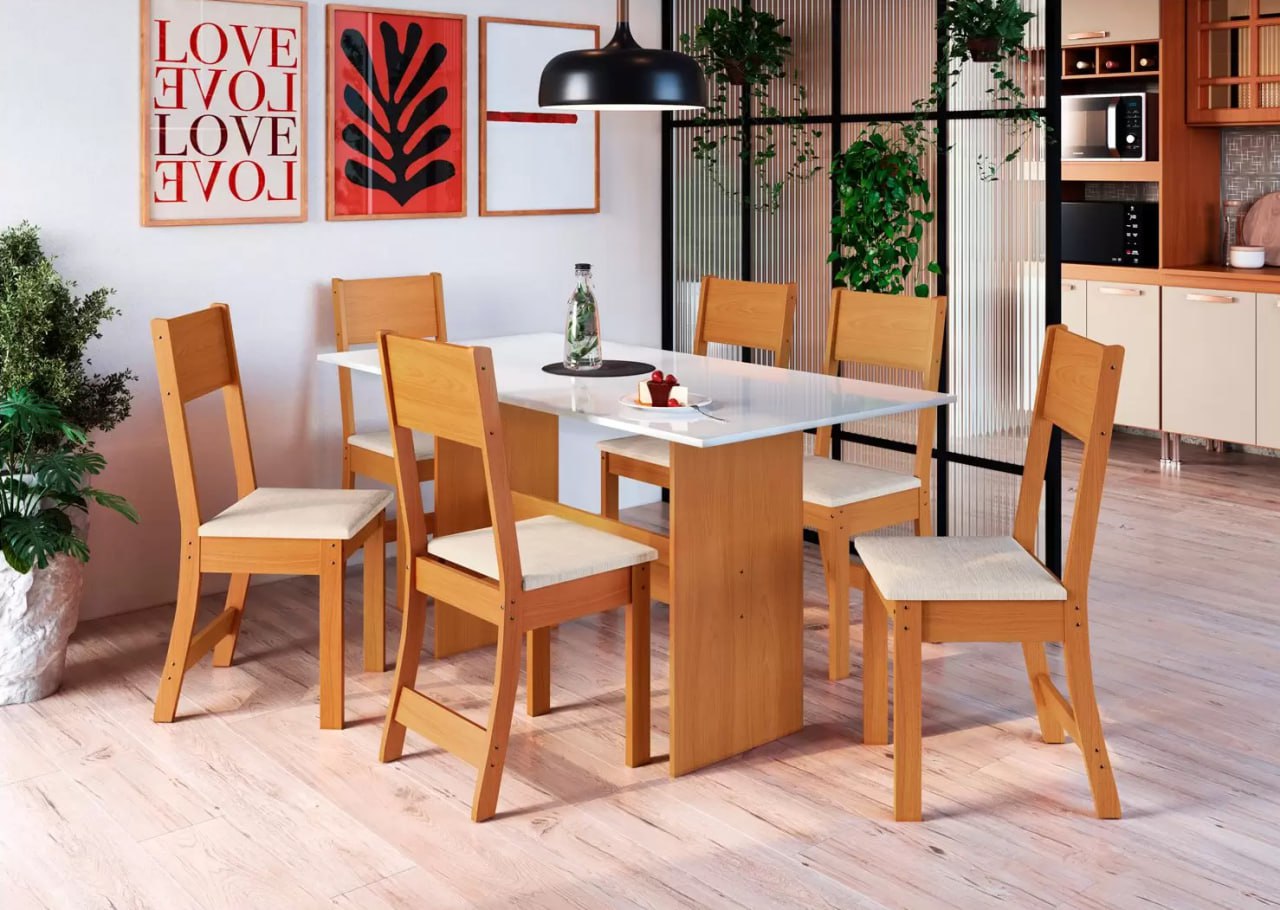 Mesa de Jantar 6 Cadeiras Retangular Freijo e Off White Indekes Luiza