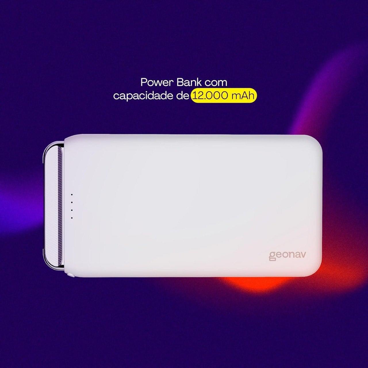 Geonav Power Bank, Carregador Portátil Universal 12.000 mAh, 2 Saídas USB + 1 Saída USB-C, PB12KWT, Branco