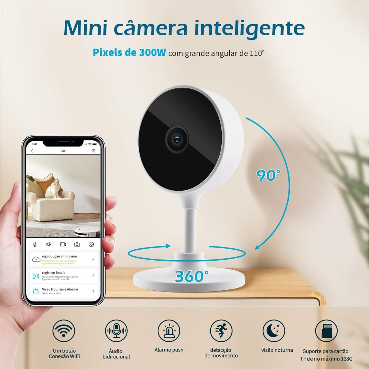 3MP Camera de Segurança Wifi Interior, Detecção de Movimento, Push de Alerta via Aplicativo, Áudio Bidirecional, Visão Noturna Infravermelha