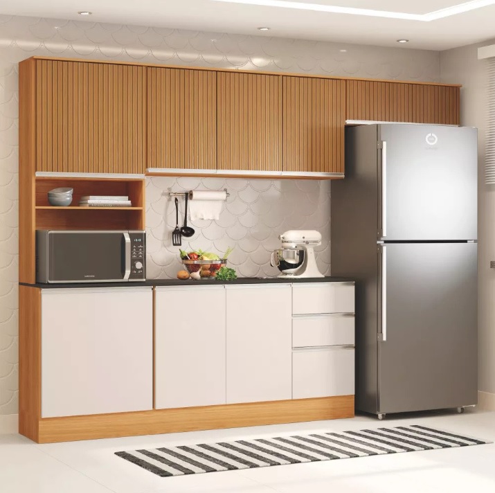 Armário Cozinha Completa C/ Nicho Paris Ripado 3d Off White