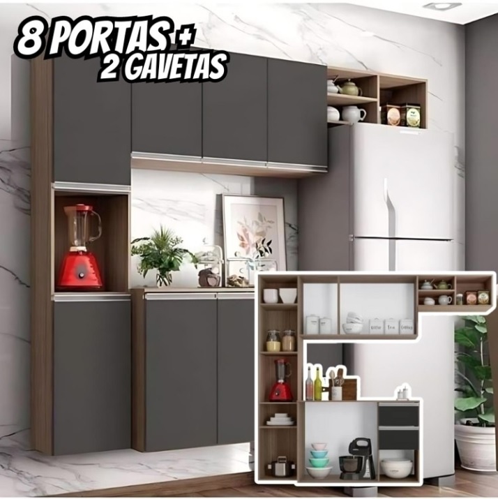 Cozinha Completa Poliman Móveis Laura Com Balcão 8 Portas 2 Gavetas