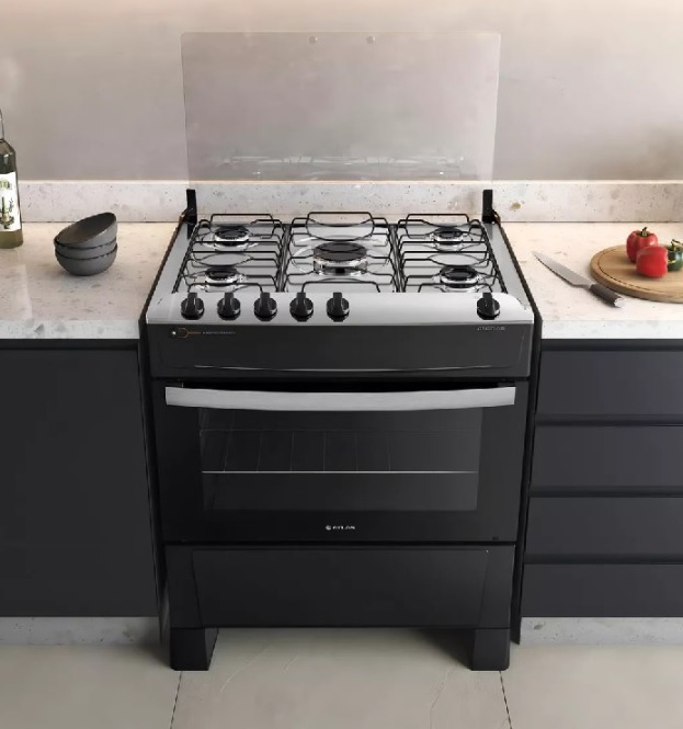 Fogão 5 Bocas Preto A Gás Com Mesa Inox Atlas Atenas Bivolt 110/220V.