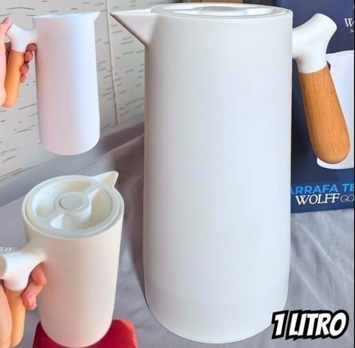 Garrafa Térmica 1l De Café Chá Nórdica Cabo Madeira Branca