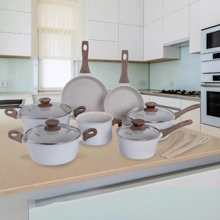 Jogo de panelas de cozinha Mimo Style Cook Fundo de Tripla Indução com 10 peças de alumínio marmol vanila