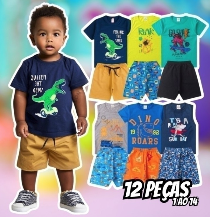 Kit 12 Peças De Roupa 1 Ao 14 Masculino 6 Camiseta +6 Shorts