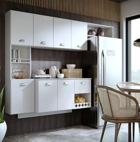 Kit Armário Aéreo Mila Suspenso Com 7 Portas E 1 Gaveta Multiuso Para Cozinha Compacta Cor Branco