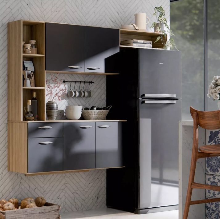 Kit Armário De Cozinha Isis Suspensa Aéreo Compacto 5 Portas E 1 Gaveta Multiuso Cor Damasco Preto