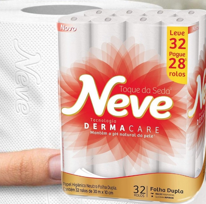 Neve Papel Higiênico Toque de Seda Folha Dupla, 30m, Leve 32 Pague 28 Rolos