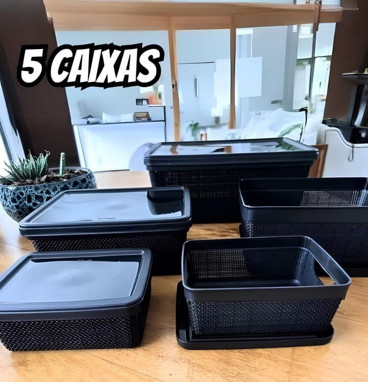 Kit 5 Caixas Organizadoras Cesto Tampa Multiuso 1,8l 5l 15l