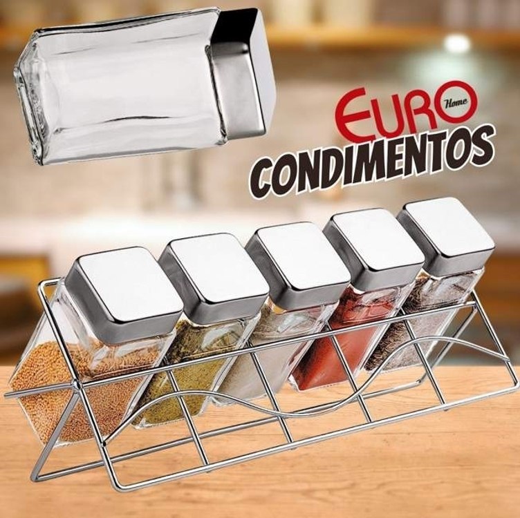 Porta Condimentos de Vidro quadrado Transparente com Suporte 6 Peças, VDR0429, Euro Home