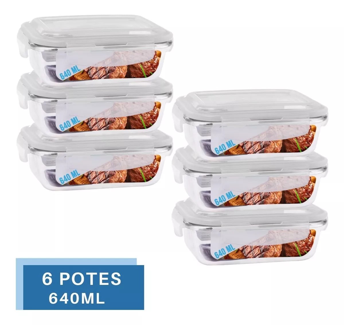 Kit 6 Potes Vidro 640ml (forno, Microondas)retan C/tampa