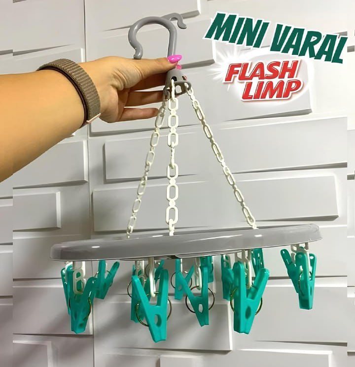 Mini Varal Redondo com 16 Prendedores na Verde, LAV6810, Flash Limp