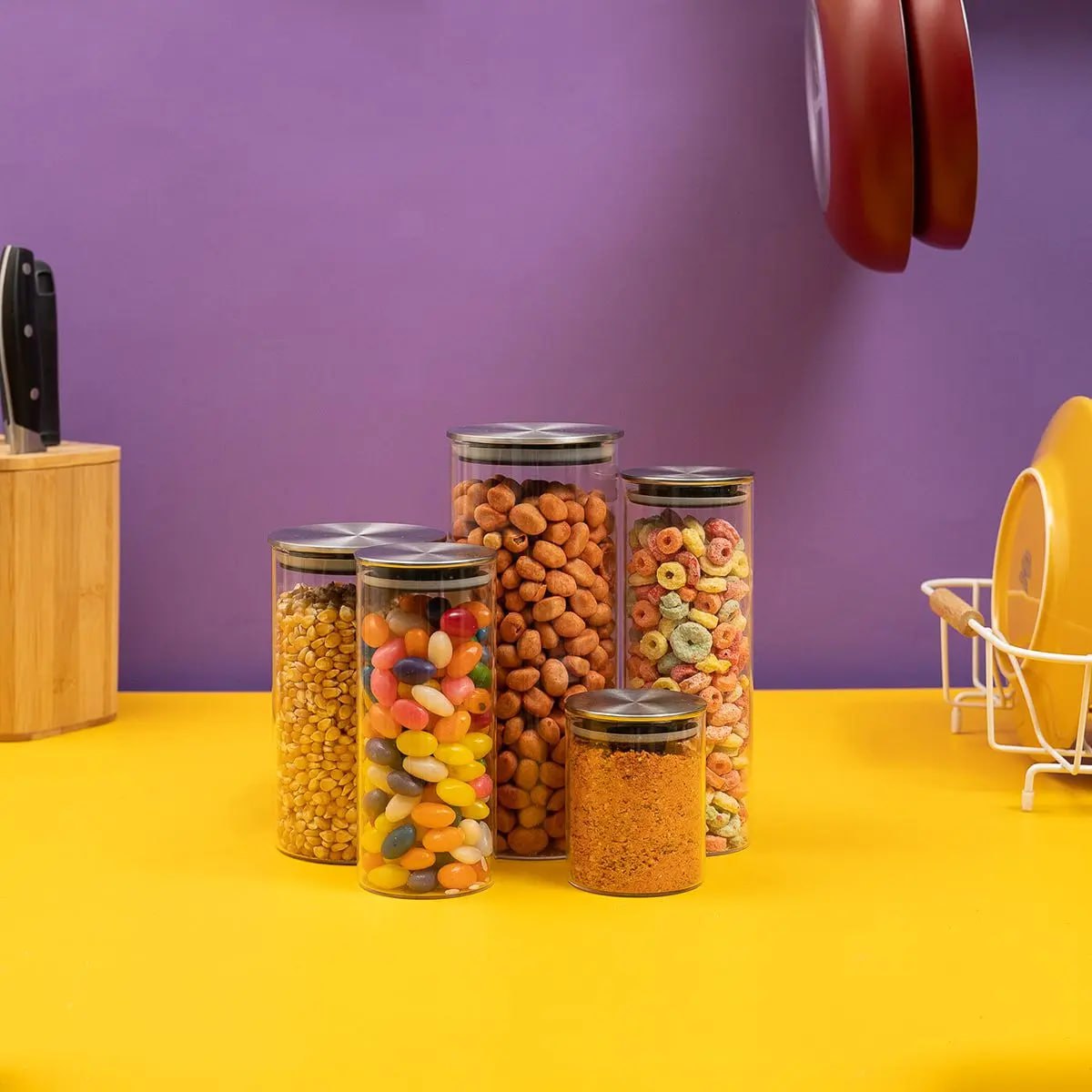 Kit 5 potes de vidro com tampa inox hermético redondo mantimento – Tud