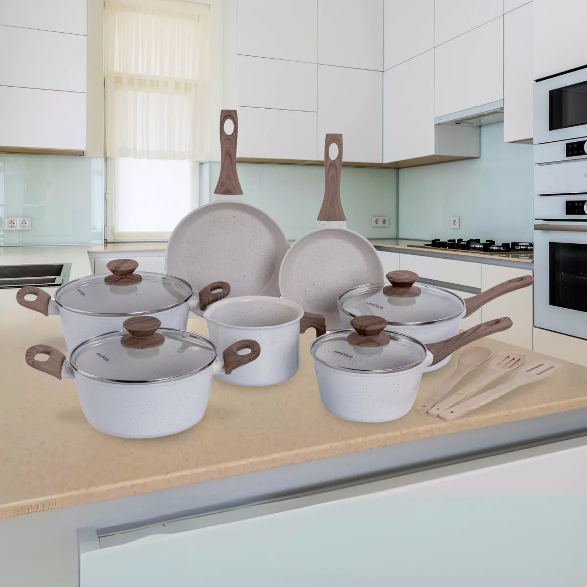 Jogo de panelas de cozinha Mimo Style Cook Fundo de Tripla Indução com 10 peças de alumínio marmol vanila