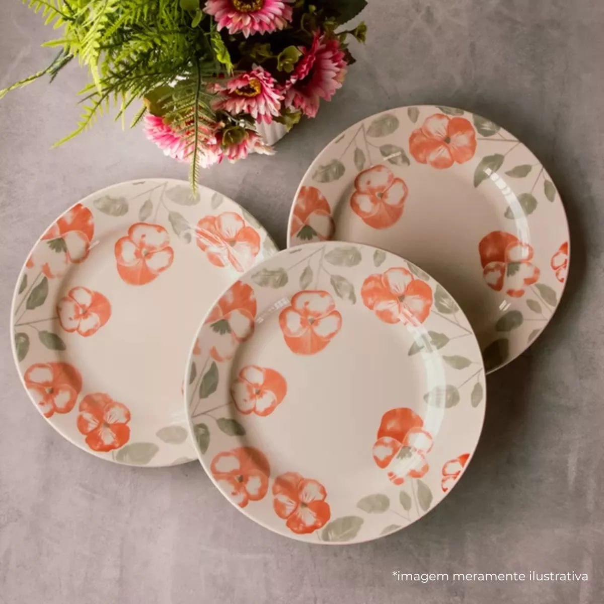 Conjunto De 6 Pratos Rasos Holambra 24cm Off-white e Rosa Biona