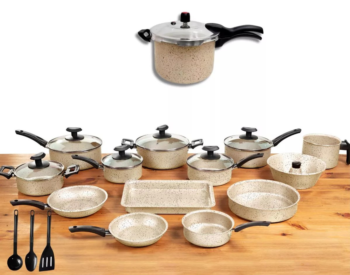 Conjunto Panelas 17 Pc Antiaderente Panela Pressão 4,5l Cor Preto E Bege