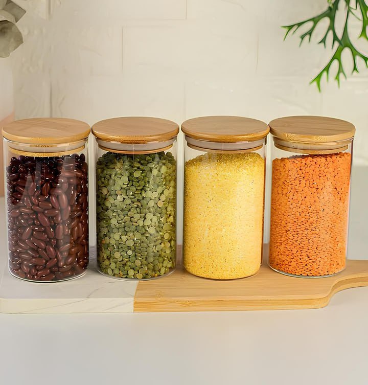 Kit 4 Potes De Vidro P/ Mantimentos 600ml C/ Tampa Bambu
