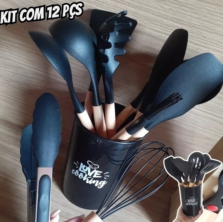 Kit 12 Utensílios De Cozinha Em Silicone E Cabo De Madeira