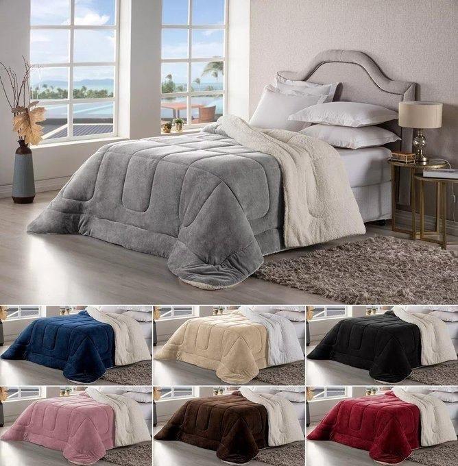 Edredom Sherpa Cobertor E Coberdrom Casal Queen Grosso Core Cor Avelã