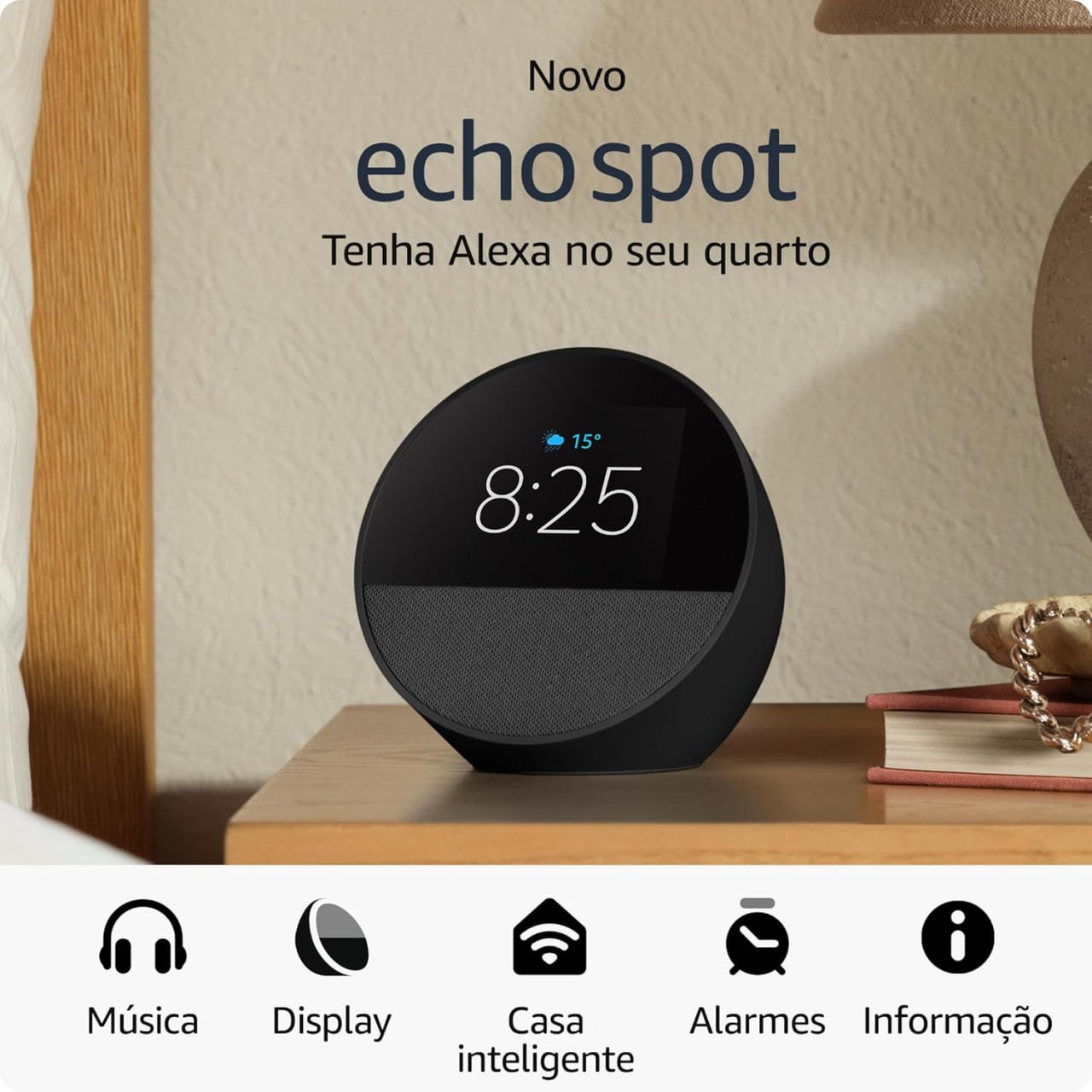 Novo Echo Spot com Alexa (2024) | Despertador inteligente com som vibrante