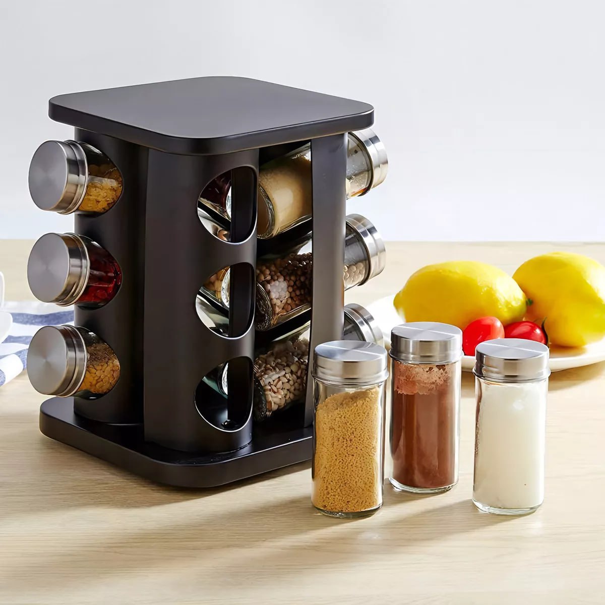 Porta Tempero Condimento Inox 12 Potes + Suporte Giratório