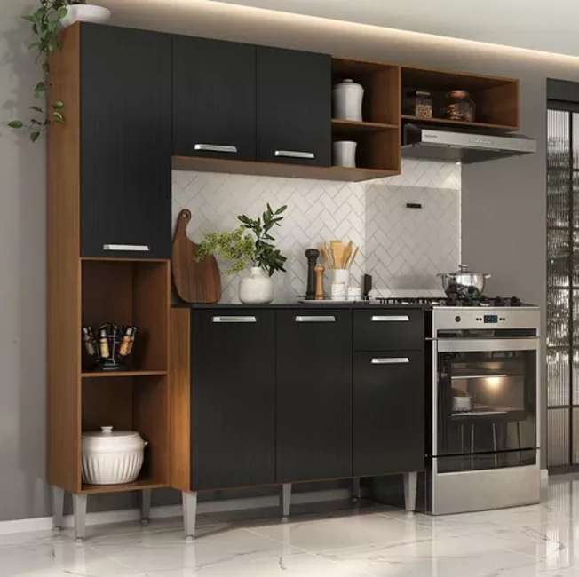 Armário De Cozinha Compacta Smart Multimóveis Mp2220 Cor Madeirado/Preto