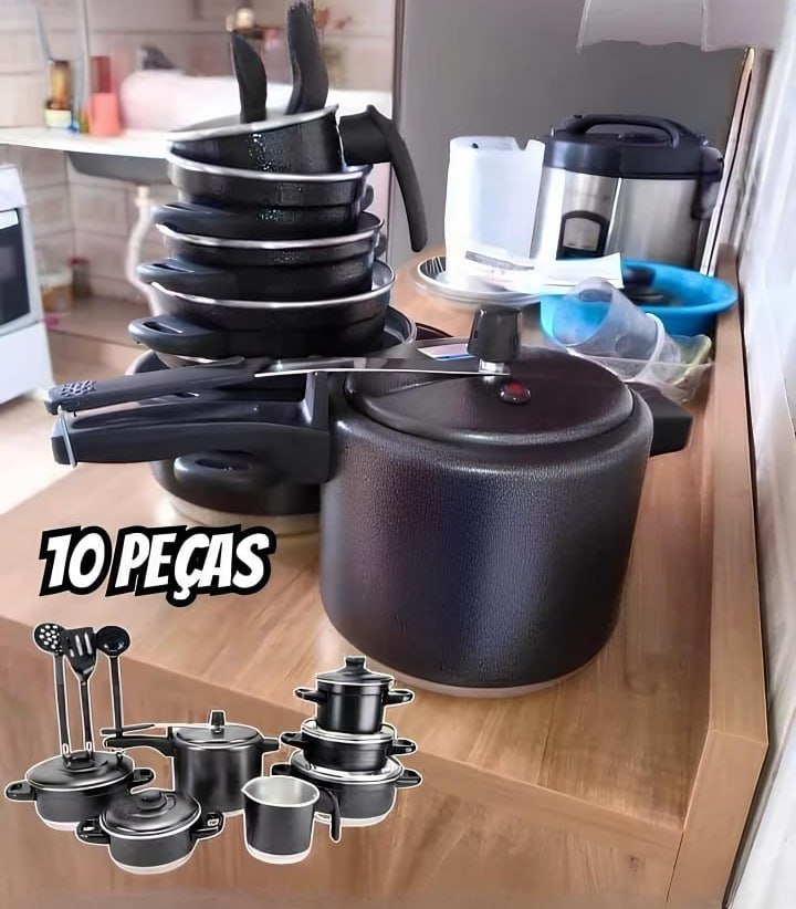 Jogo De Panelas + Panela De Pressão 4.5l + Espátulas Preto