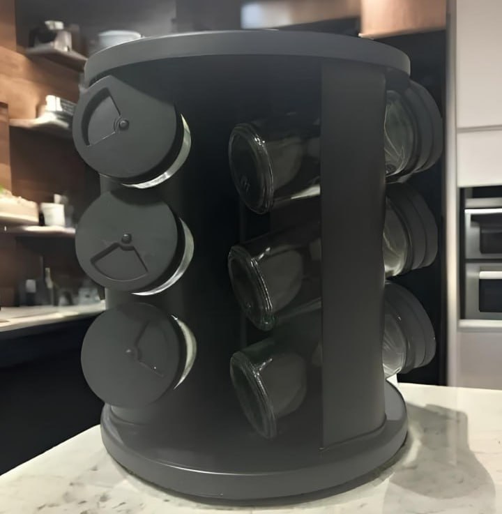 Porta Condimento Giratório 9 Pote Vidro Tampa Dosadora Preto