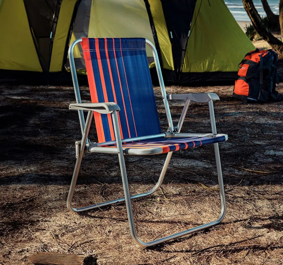 Cadeira de Praia Reclinável Tramontina Basic Samoa Azul Escuro e Laranja