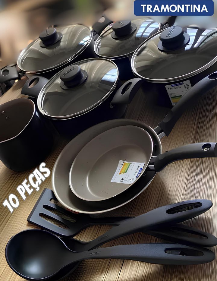 Jogo de Panelas Tramontina Turim em Alumínio com Revestimento Interno e Externo em Antiaderente Starflon Max Preto 10 Peças