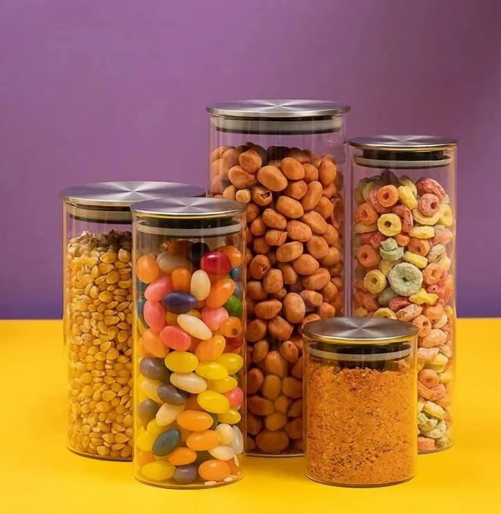 Kit 5 potes de vidro com tampa inox hermético redondo mantimento – Tud