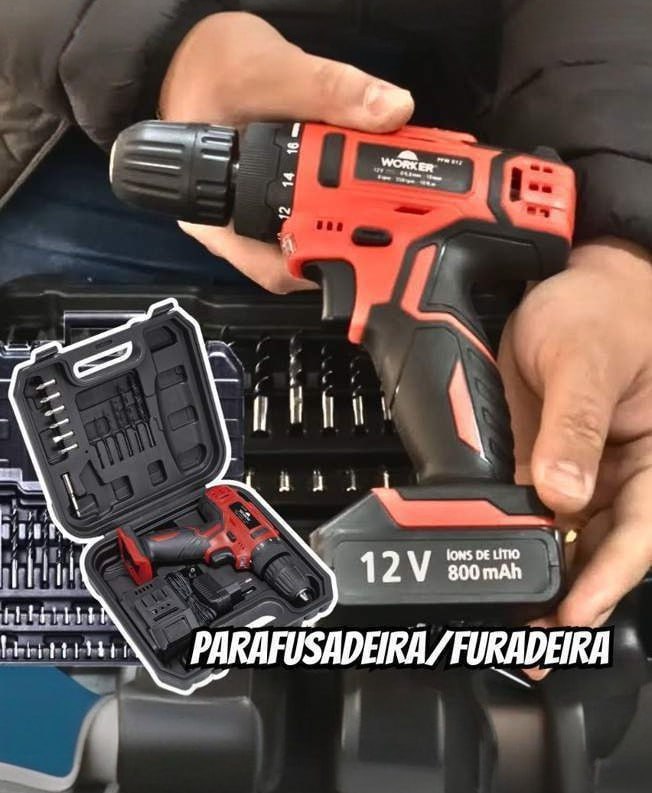 Worker Parafusadeira E Furadeira A Bateria Li-Ion 12V PFW 012 Sem Fio com Carregador Bivolt e Maleta com Kit De 13 Acessórios